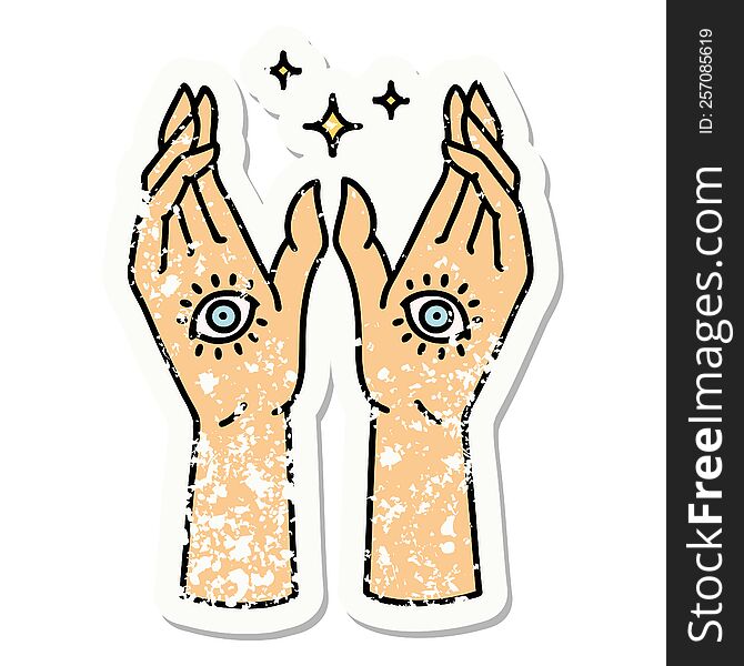 Traditional Distressed Sticker Tattoo Of Mystic Hands