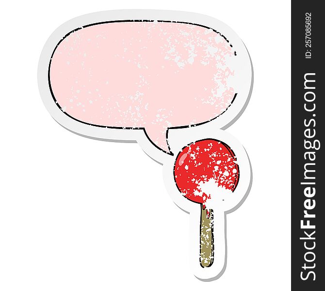 cartoon lollipop with speech bubble distressed distressed old sticker. cartoon lollipop with speech bubble distressed distressed old sticker