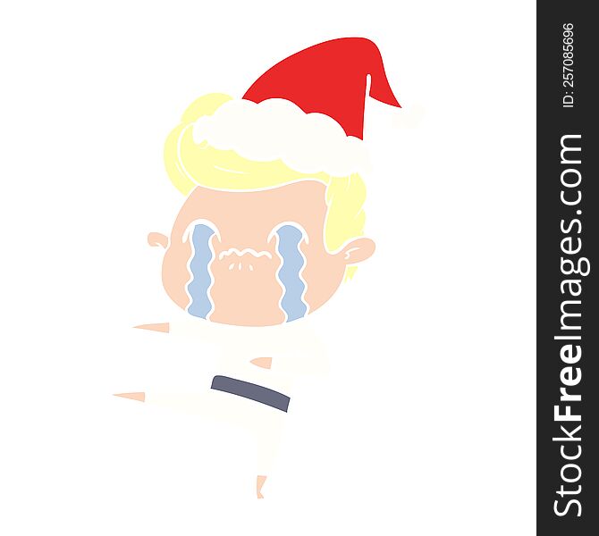 hand drawn flat color illustration of a man crying wearing santa hat