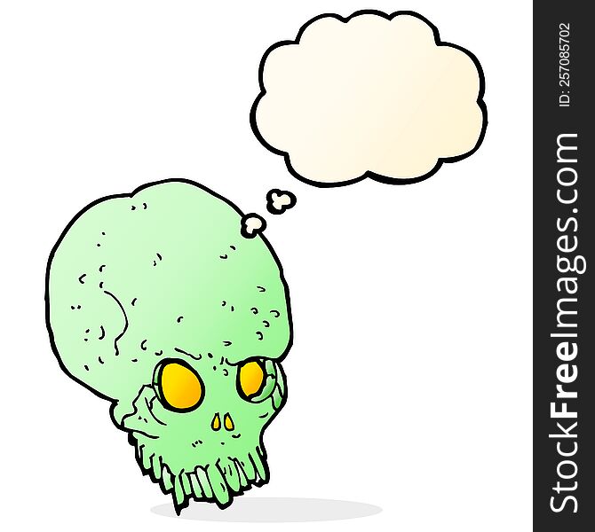 cartoon spooky skull with thought bubble