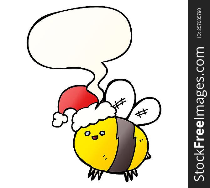 Cute Cartoon Bee Wearing Christmas Hat And Speech Bubble In Smooth Gradient Style