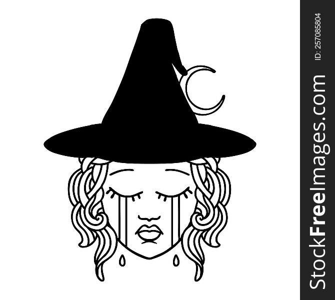 Black and White Tattoo linework Style crying human witch character. Black and White Tattoo linework Style crying human witch character