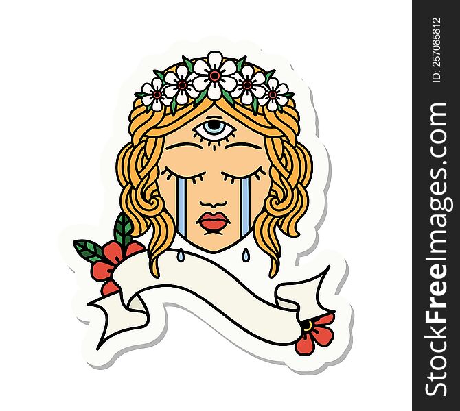 tattoo style sticker with banner of female face with mystic third eye crying. tattoo style sticker with banner of female face with mystic third eye crying