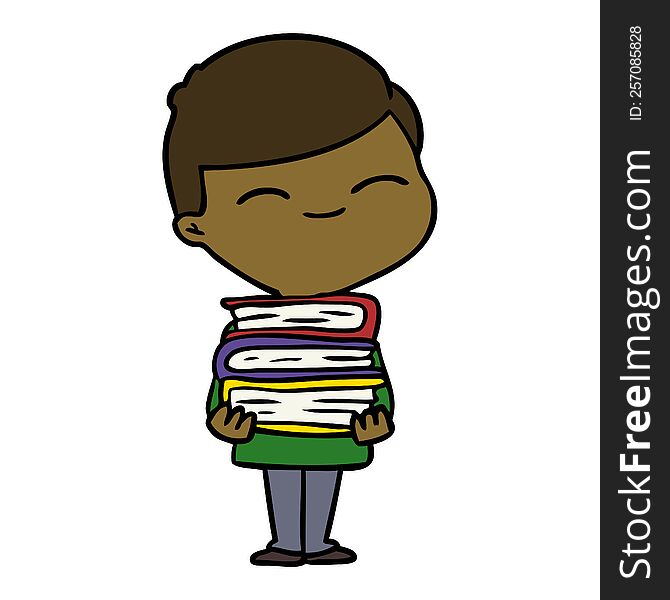 cartoon smiling boy with stack of books. cartoon smiling boy with stack of books
