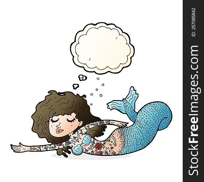 cartoon mermaid covered in tattoos with thought bubble