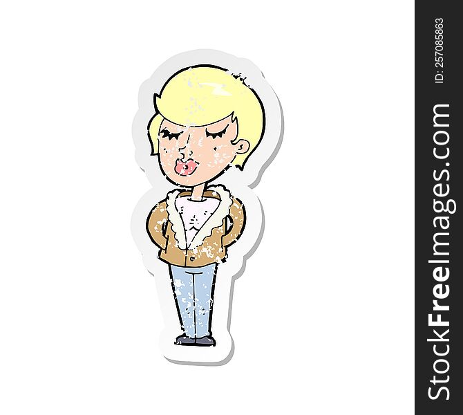 retro distressed sticker of a cartoon cool relaxed woman