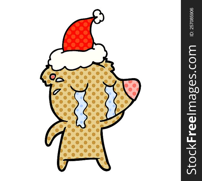 hand drawn comic book style illustration of a crying bear wearing santa hat