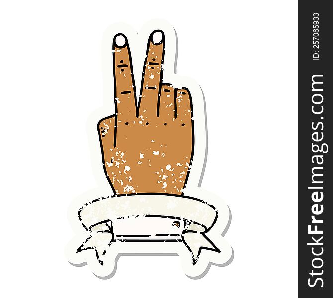 Retro Tattoo Style victory v hand gesture with banner. Retro Tattoo Style victory v hand gesture with banner