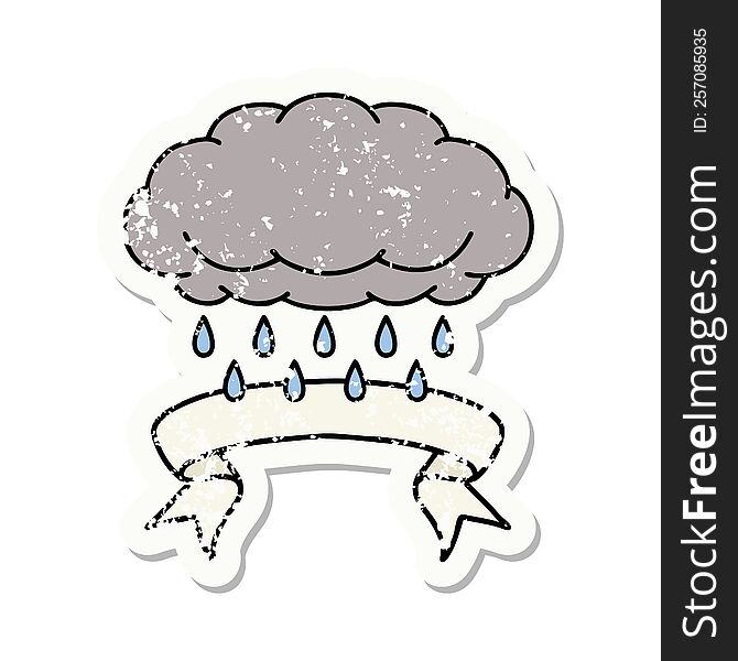 grunge sticker with banner of a cloud raining