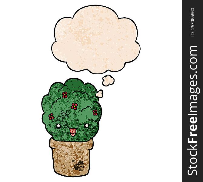 Cartoon Shrub In Pot And Thought Bubble In Grunge Texture Pattern Style