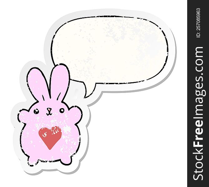 Cute Cartoon Rabbit And Love Heart And Speech Bubble Distressed Sticker