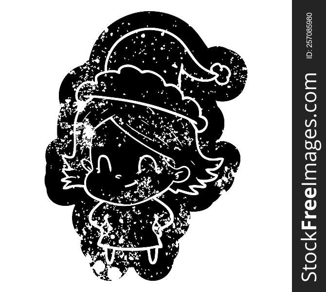 quirky cartoon distressed icon of a friendly girl wearing santa hat