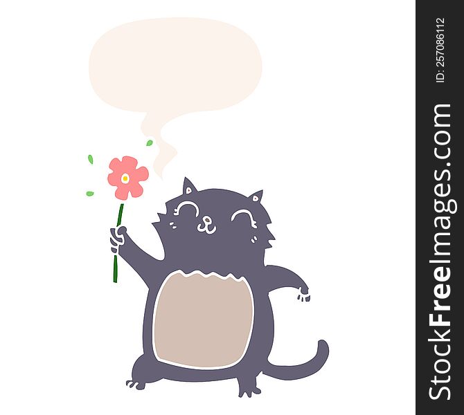 cartoon cat with flower with speech bubble in retro style. cartoon cat with flower with speech bubble in retro style