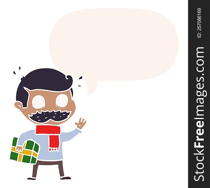 Cartoon Man And Mustache And Christmas Present And Speech Bubble In Retro Style