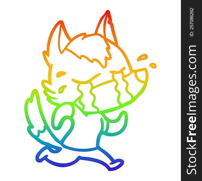 rainbow gradient line drawing cartoon crying wolf running away