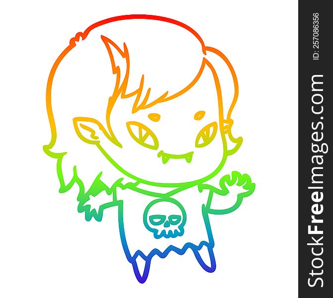 Rainbow Gradient Line Drawing Cartoon Friendly Vampire Girl Waving