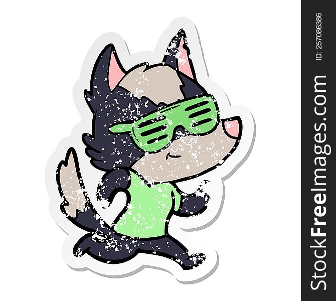 Distressed Sticker Of A Cool Cartoon Wolf
