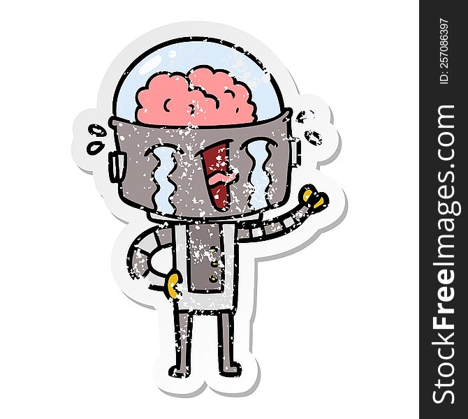 Distressed Sticker Of A Cartoon Crying Robot