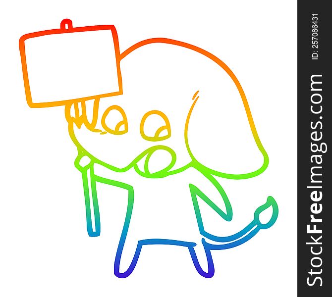 Rainbow Gradient Line Drawing Cute Cartoon Elephant Holding Placard