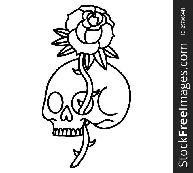 Black Line Tattoo Of A Skull And Rose