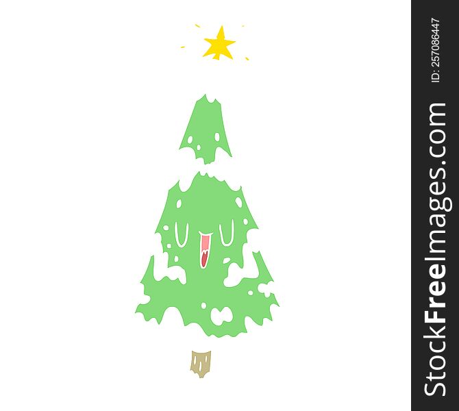 Flat Color Style Cartoon Snowy Christmas Tree With Happy Face
