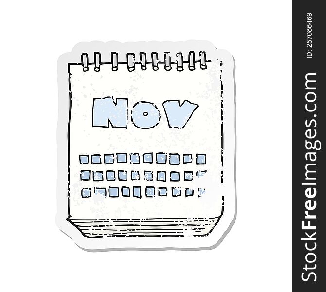 retro distressed sticker of a cartoon calendar showing month of november