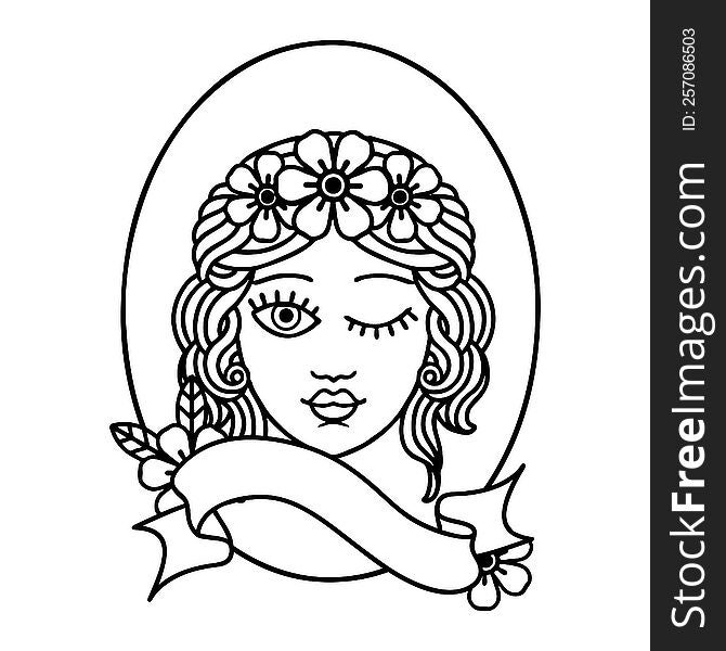 Black Linework Tattoo With Banner Of A Maiden With Crown Of Flowers Winking