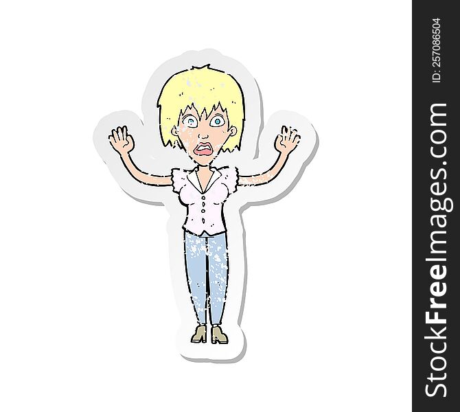 retro distressed sticker of a cartoon woman stressing out