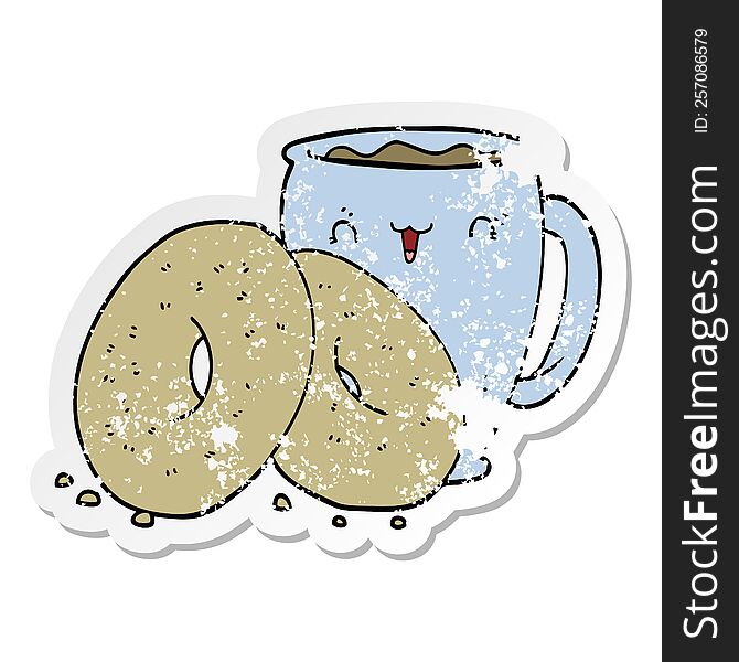 Distressed Sticker Of A Cartoon Coffee And Donuts