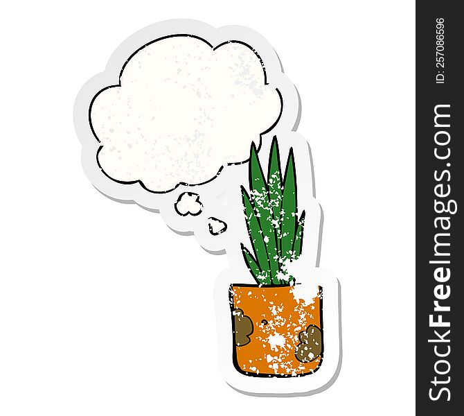 Cartoon House Plant And Thought Bubble As A Distressed Worn Sticker