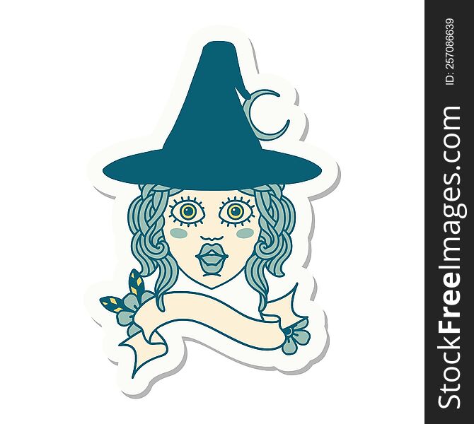 sticker of a human witch character face. sticker of a human witch character face