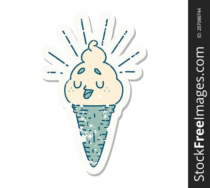 Grunge Sticker Of Tattoo Style Ice Cream Character