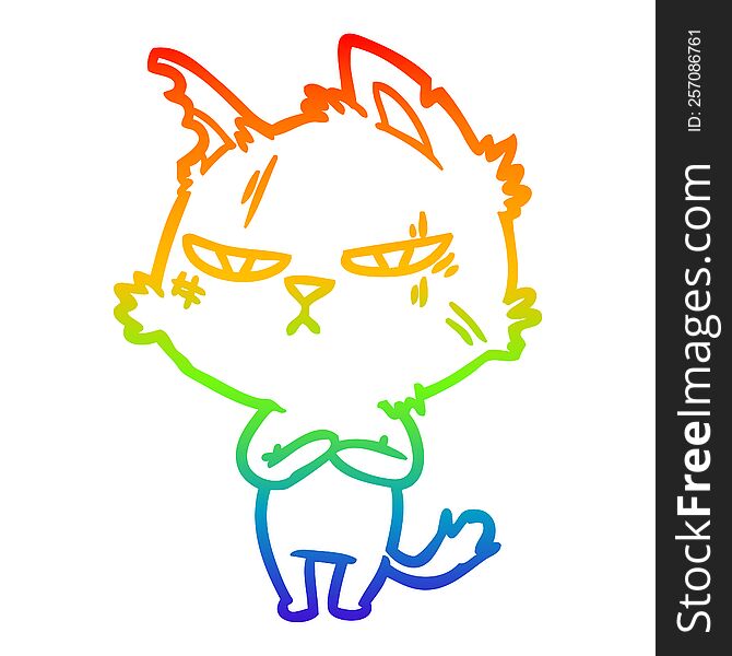 rainbow gradient line drawing of a tough cartoon cat