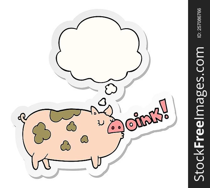 cartoon oinking pig with thought bubble as a printed sticker
