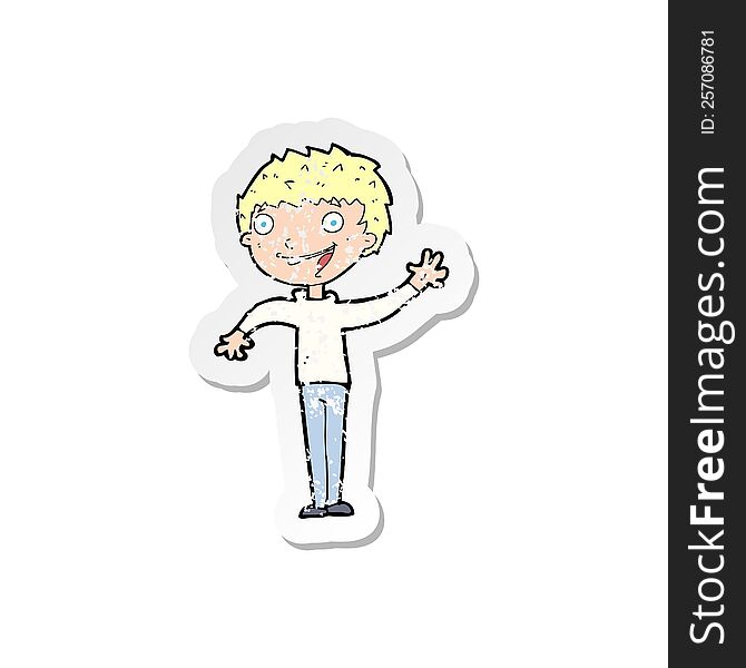 Retro Distressed Sticker Of A Cartoon Happy Boy Waving