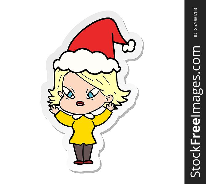 hand drawn sticker cartoon of a stressed woman wearing santa hat