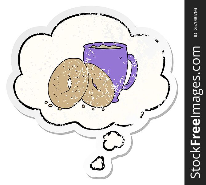 Cartoon Coffee And Donuts And Thought Bubble As A Distressed Worn Sticker