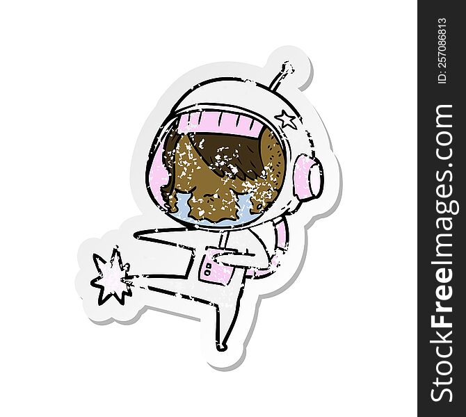 Distressed Sticker Of A Cartoon Crying Astronaut Girl Kicking