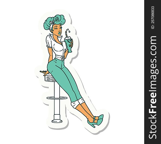 sticker of tattoo in traditional style of a pinup girl drinking a milkshake. sticker of tattoo in traditional style of a pinup girl drinking a milkshake