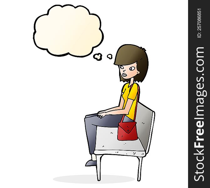 cartoon woman sitting on bench with thought bubble