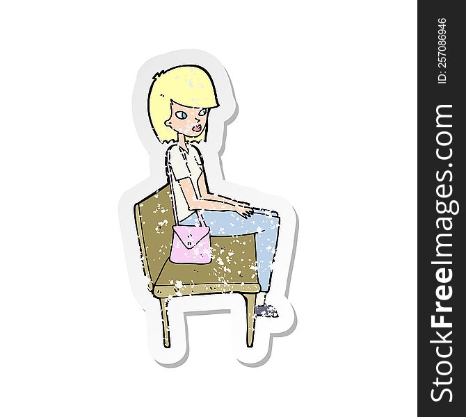 Retro Distressed Sticker Of A Cartoon Woman Sitting On Bench