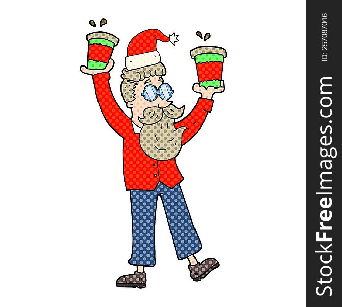 Cartoon Man With Coffee Cups At Christmas