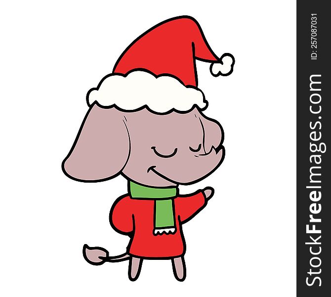 Line Drawing Of A Smiling Elephant Wearing Scarf Wearing Santa Hat