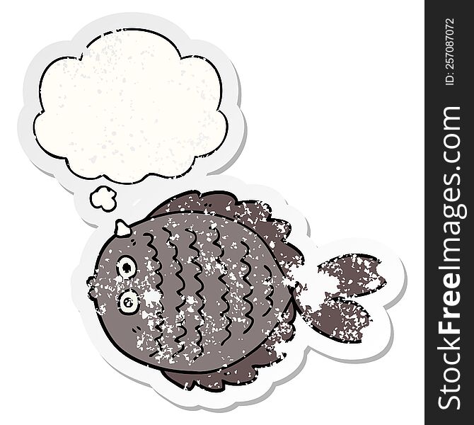 cartoon flat fish with thought bubble as a distressed worn sticker