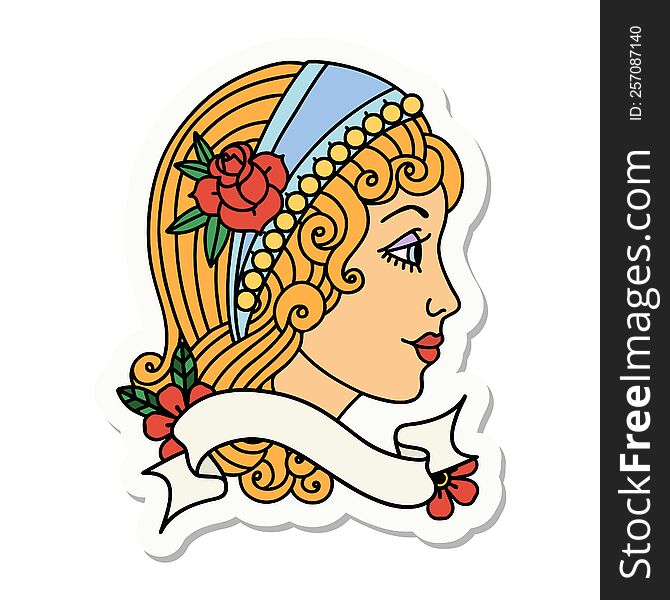 tattoo style sticker with banner of a gypsy head