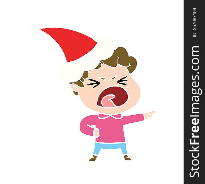 flat color illustration of a furious man wearing santa hat