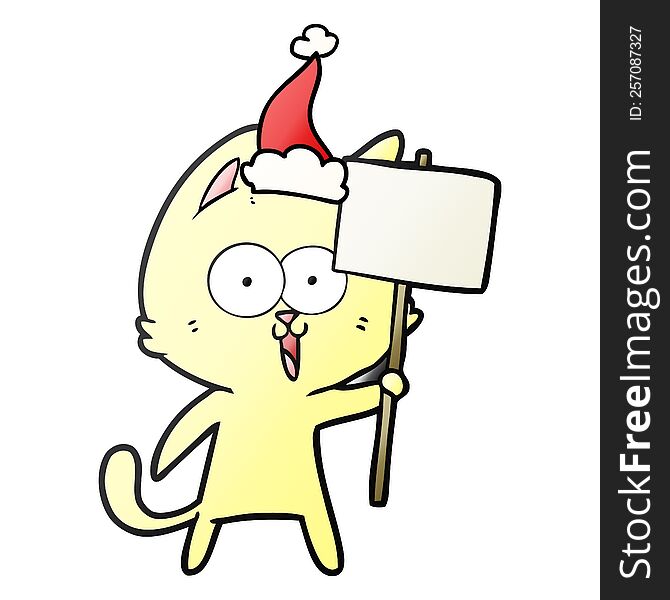 Funny Gradient Cartoon Of A Cat With Sign Wearing Santa Hat