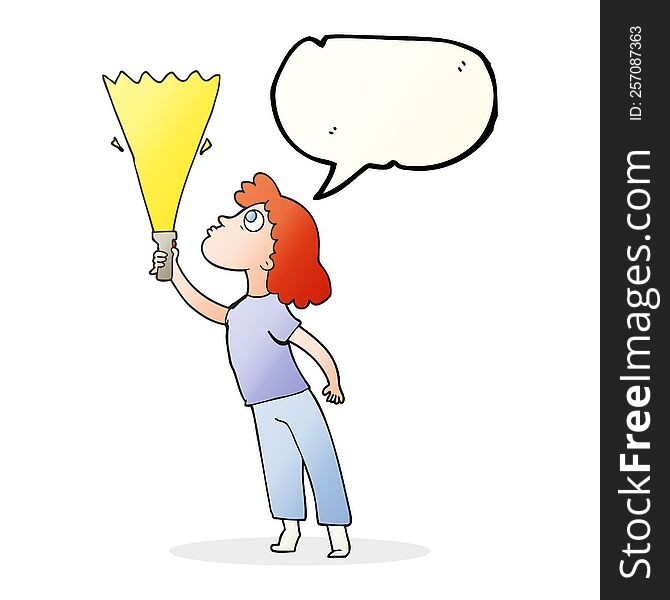 speech bubble cartoon woman searching with torch