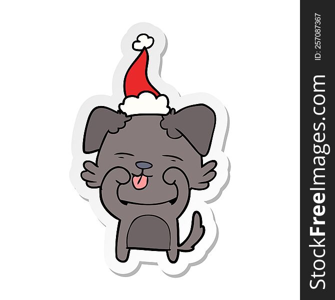 Sticker Cartoon Of A Dog Rubbing Eyes Wearing Santa Hat
