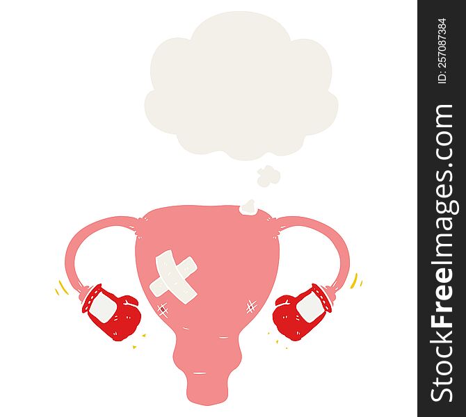 cartoon beat up uterus with boxing gloves and thought bubble in retro style